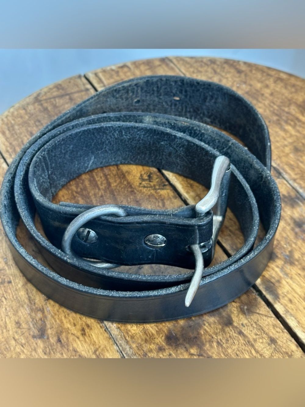 Heavy Duty 42" Classic Black Genuine Leather Men's Belt Distressed Silver Buckle